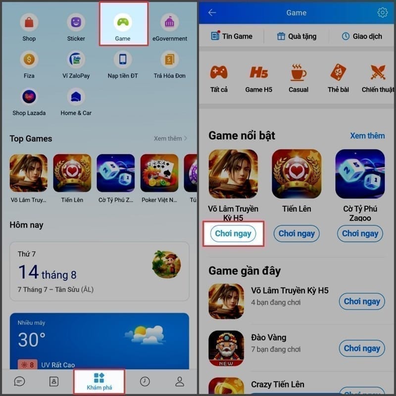 Cách chơi game Võ Lâm Truyền Kỳ trên Zalo