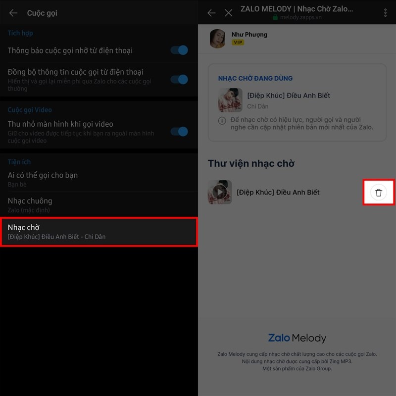 Cách xóa nhạc nhờ cuộc gọi Zalo
