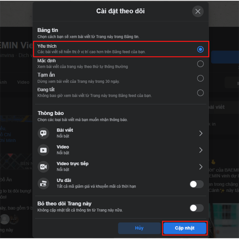 Nhấn chọn phần Yêu thích > Cập nhật.