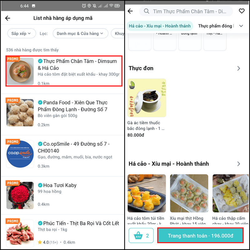 Chọn một quán bất kỳ > Chọn đồ ăn và số lượng > ấn vào nút Trang thanh toán.