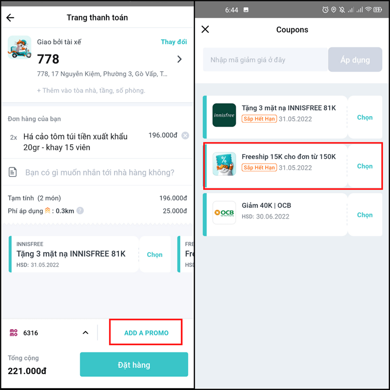 Chọn vào dòng ADD A PROMO > Chọn lại mã giảm giá vận chuyển lúc nãy.