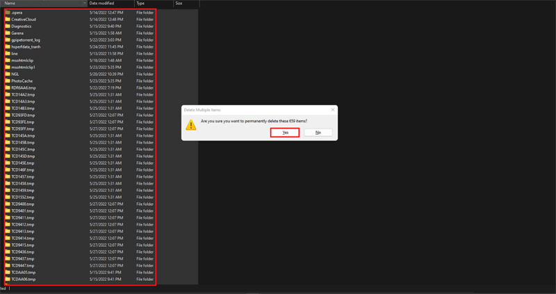 Ở đây hãy nhấn vào tổ hợp phím Ctrl + A để chọn tất cả các files đó. Sau đó nhấn tiếp tổ hợp phím Shift + Del để đặt lệnh xóa. Và cuối cùng là nhấn vào nút Yes.