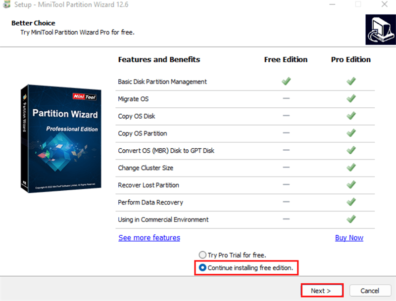 Tích chọn vào mục Continue installing free edition > Next. Tích chọn vào mục Continue installing free edition > Next.