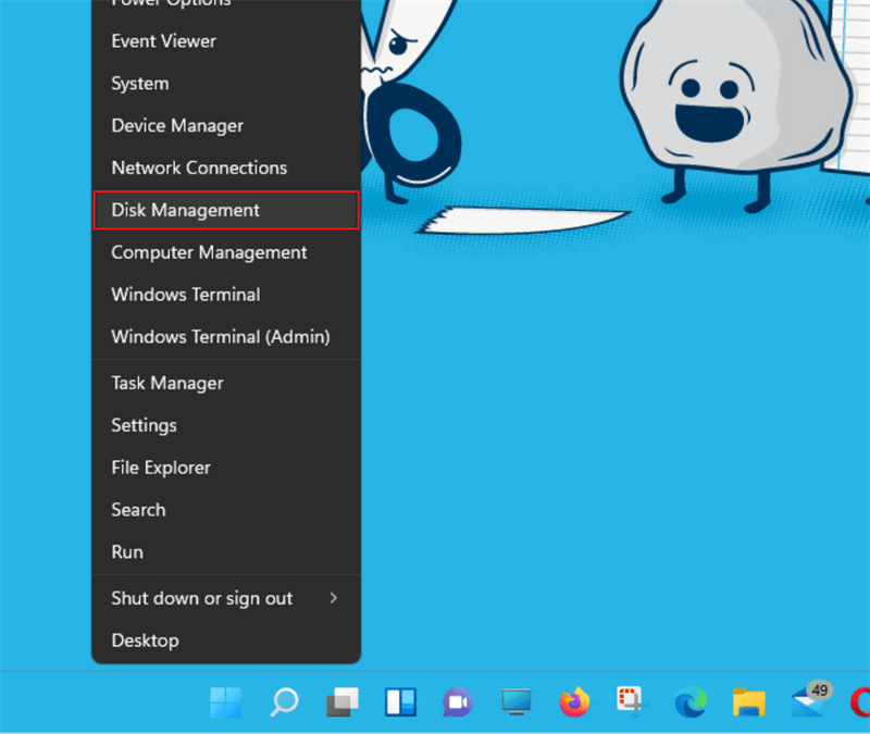 Nhấn chuột phải vào biểu tượng Windows > Disk Management. Nhấn chuột phải vào biểu tượng Windows > Disk Management.