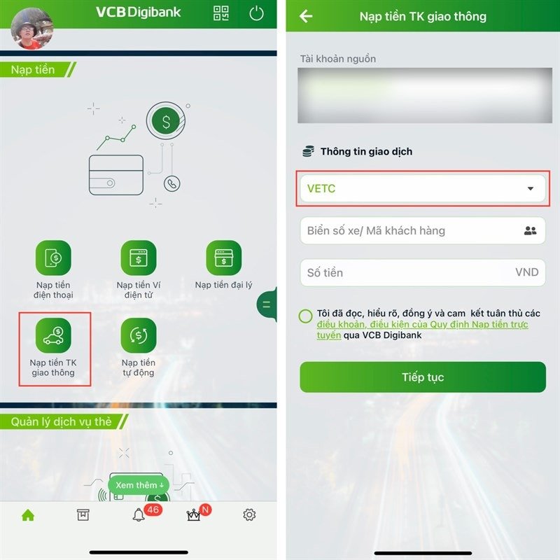 Cách nạp tiền VETC trên điện thoại